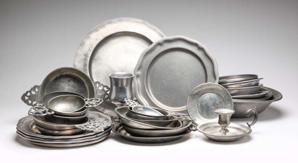 GROUP OF CONTEMPORARY PEWTER PIECES.: American and European, 20th century. Including plates, porringers, bowls and a chalice. Varying wear.
