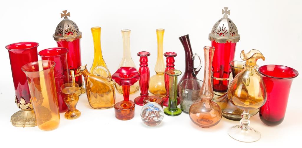 GROUP OF AMERICAN WEST VIRGINIA GLASS.: Second half 20th century. Included are Blenko, Bischoff, Viking and others. Candleholders, votive candle holders, vases, plates, ewers, decanters (missing stoppers), etc.