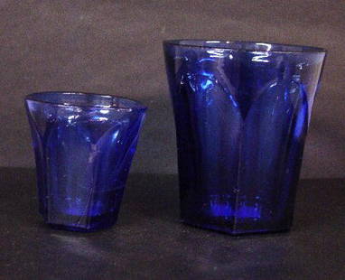 TWO COBALT PITTSBURGH PANELED TUMBLERS.: TWO COBALT PITTSBURGH PANELED TUMBLERS. Minor roughness. 3 1/2", 2 1/4"h.