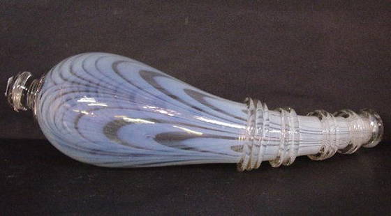 NAILSEA GLASS WHIMSEY. Clear powder horn: NAILSEA GLASS WHIMSEY. Clear powder horn with opalescent loops and clear applied rings. Small flake. 10 1/2"l.