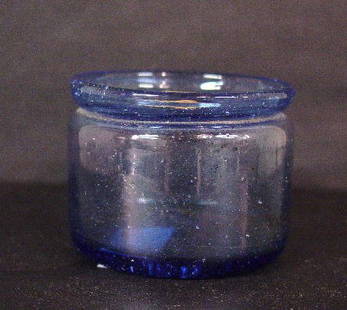 BLOWN GLASS INKWELL. Pale sapphire blue.: BLOWN GLASS INKWELL. Pale sapphire blue. Gallery rim and an iron pontil. 2 1/2"d. 2"h.