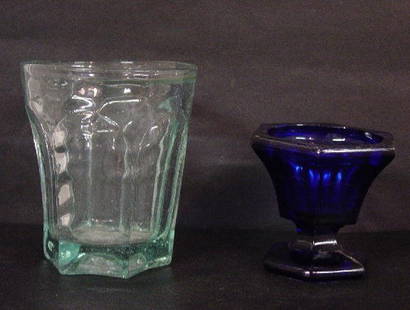 TWO PIECES OF PITTSBURGH FLINT GLASS. Bo: TWO PIECES OF PITTSBURGH FLINT GLASS. Both are paneled. Pale aqua tumbler.4 1/8"h. And a cobalt master salt. Tiny rim flakes. 2 7/8"h.