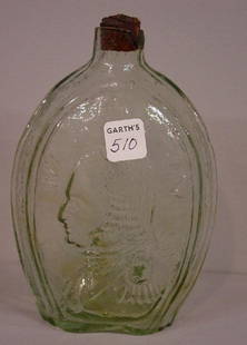 PALE GREEN BLOWN FLASK. GI-18 pint (scar: PALE GREEN BLOWN FLASK. GI-18 pint (scarce) with "Washington" and "Baltimore Glass Works". Minor residue. Neck is chipped and has a cork. 6 1/2"h.