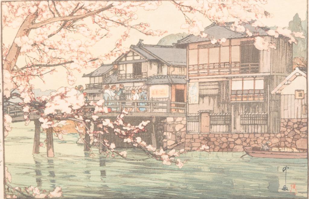 HAYASE WOODBLOCK PRINT, HIROSHI YOSHIDA.: Japan, 1876-1950. Stamped title "Hayase" and signature with cherry blossoms. Glued down. Framed, 14.75"h. 18.75"w.