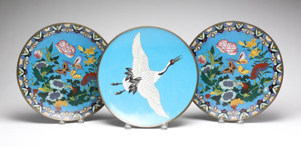 THREE ASIAN CLOISONNE PLATES. (1 of 5)