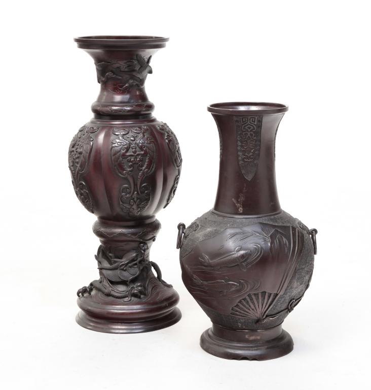 TWO JAPANESE BRONZE VASES. (1 of 5)