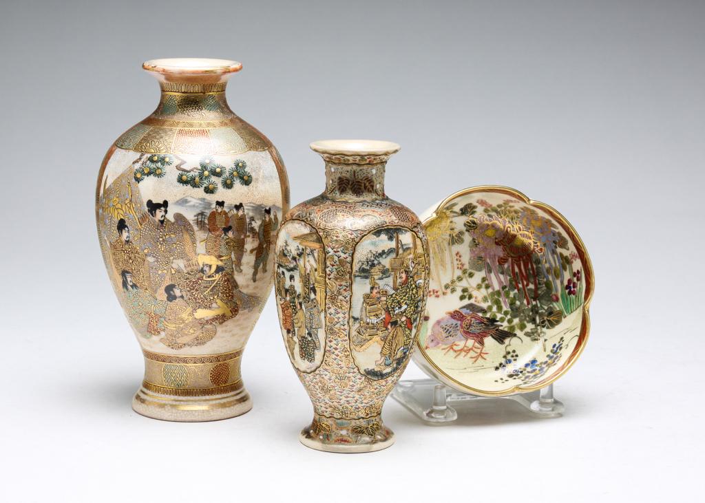 THREE PIECES OF JAPANESE SATSUMA.: Meiji period, late 19th-early 20th century. Two with cartouche marks. Bowl, 1.5"h. and vase, with Gyokuzan signature, 6"h. And a vase with Kinkozan signature. Repaired. 5"h.