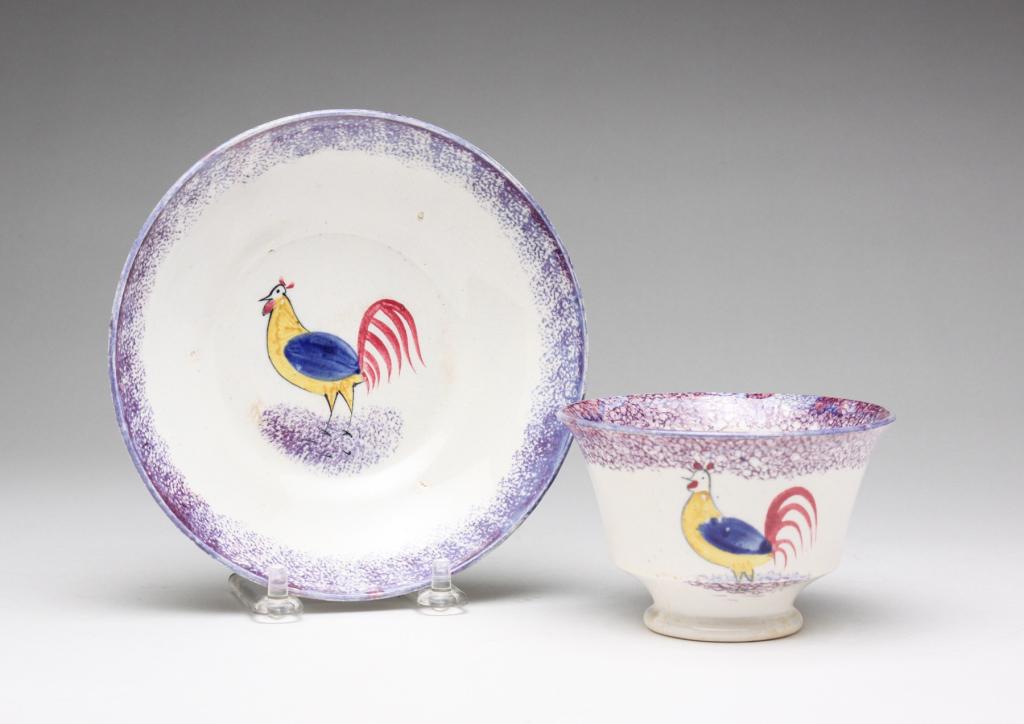 ENGLISH ROOSTER SPATTERWARE CUP AND SAUCER. (1 of 7)