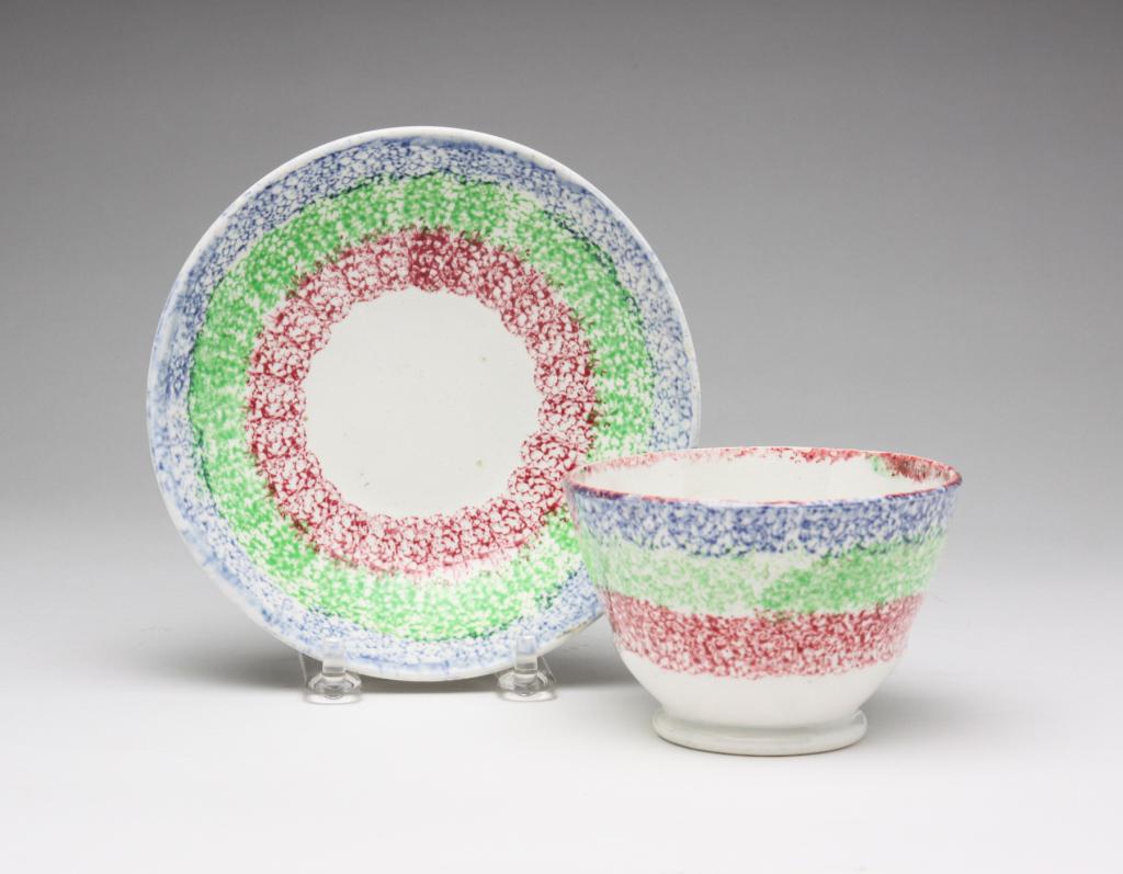 ENGLISH RAINBOW SPATTERWARE CUP AND SAUCER. (1 of 5)