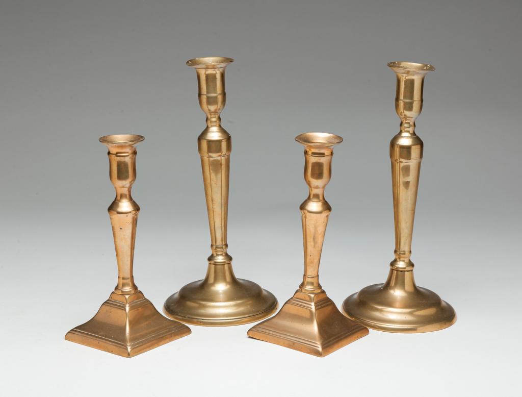TWO PAIR OF ENGLISH BRASS CANDLESTICKS. (1 of 3)