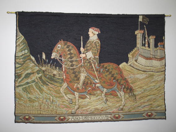 TAPESTRY. Man on horseback leaving castle for bat