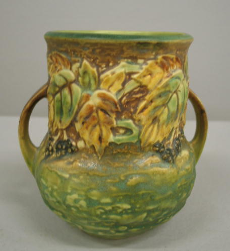 ROSEVILLE BLACKBERRY HANDLED VASE. Black mark (14