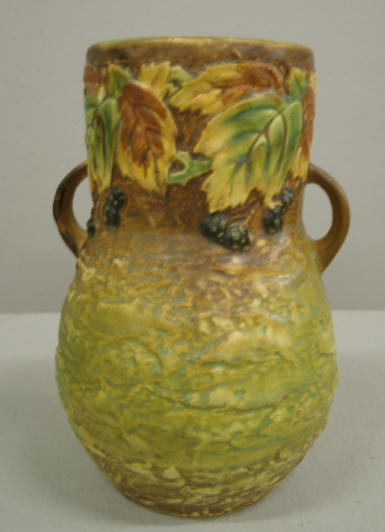 ROSEVILLE BLACKBERRY HANDLED VASE. Unmarked. 8 1/