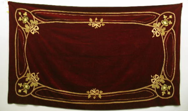 EMBROIDERED VELVET TABLE COVER. Deep red with flo