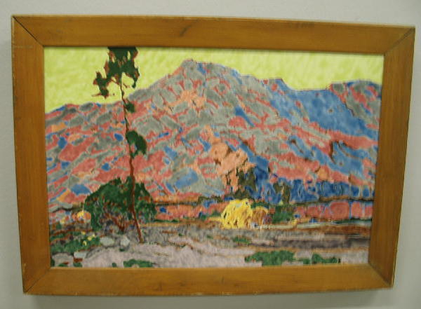 FRAMED ART POTTERY TILE. Mountain landscape with