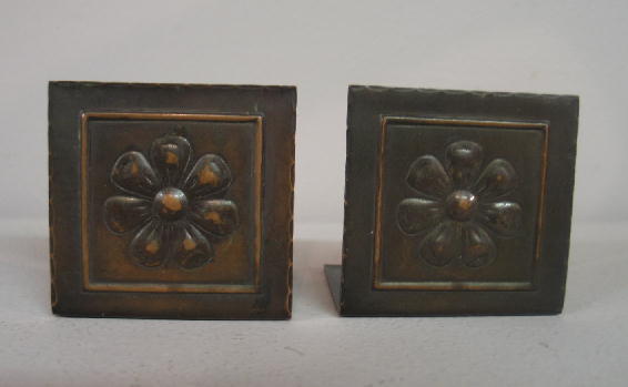PAIR SMALL ARTS & CRAFTS COPPER BOOKENDS. Embosse