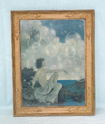 TWO MAXFIELD PARRISH PRINTS. "Air Castles" has yo: TWO MAXFIELD PARRISH PRINTS. "Air Castles" has young boy gazing at bubble filled sky with castles in the background. Light stains. Gold painted frame 17 1/2"h. 13 3/4"w. "Dinky Bird" has nude in a swi