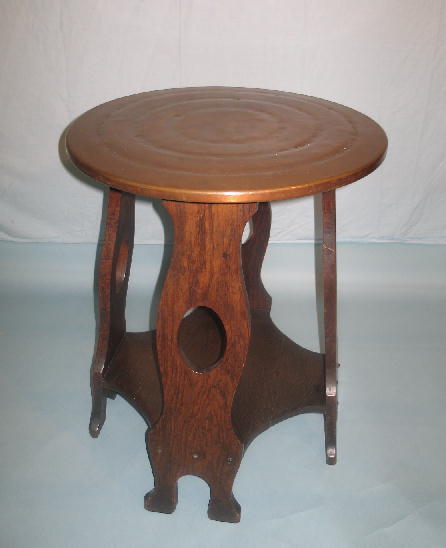ARTS & CRAFTS STAND. Copper top with line tooled