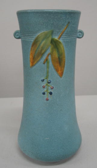 "WELLER" CORNISH VASE. Blue glaze. Incised script