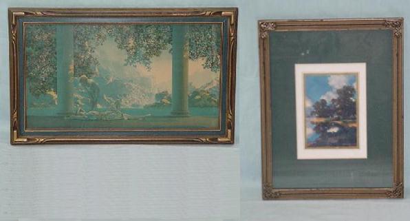 TWO FRAMED MAXFIELD PARRISH PRINTS. Day Break in: TWO FRAMED MAXFIELD PARRISH PRINTS. Day Break in molded blue and gold frame (minor wear). 12 1/2"h. 20 5/8"w. Small print with house under trees by lake. Molded frame. 14 1/4"h. 11 1/4"w.