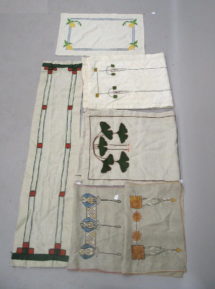 SIX ARTS AND CRAFTS STYLE TEXTILES. Three linen t: SIX ARTS AND CRAFTS STYLE TEXTILES. Three linen table runners: one with gingko leaves, 93"l. 19 1/2"w.; one with squares leaves and berries, initialed "MM93", 87"l. 17 1/2"w.; one with band ends and s