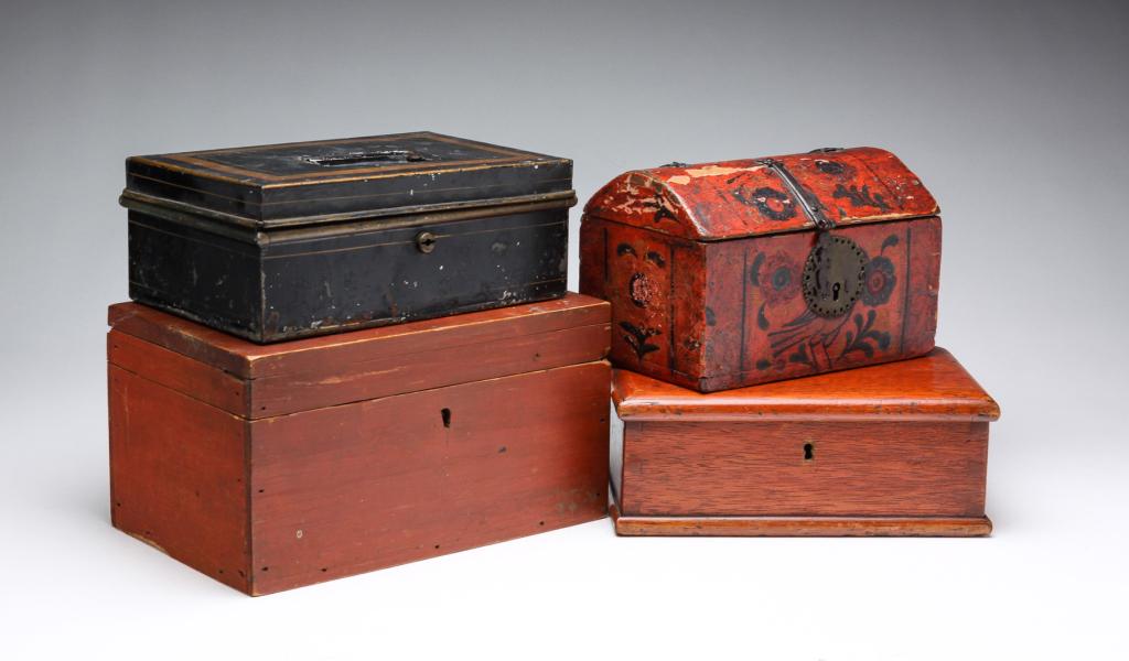 FOUR DECORATED DOCUMENT BOXES. (1 of 13)