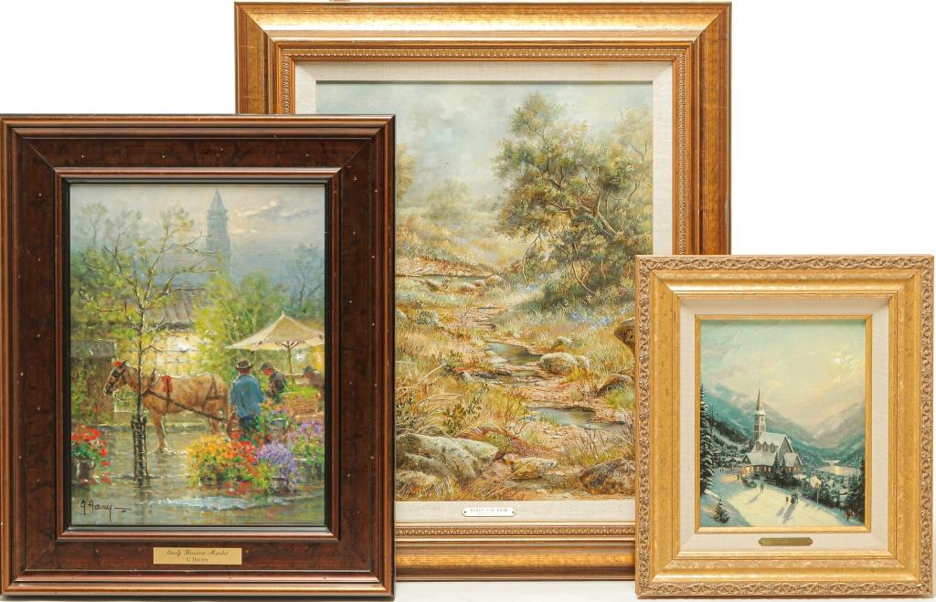 THREE AMERICAN GICLEES.: Contemporary. A Thomas Kinkade "Moonlit Village," 15.5"h. 13.5"w. G. Harvey "Early Boston Market," 22"h. 18"w. And Bettie Felder "Ready for Rain," 27"h. 22.75"w.