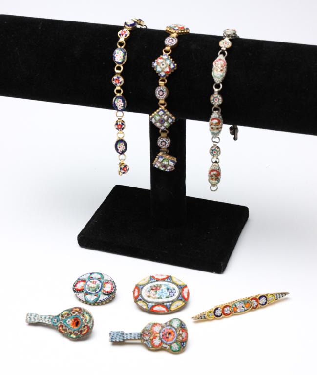 SMALL GROUP VINTAGE MICRO MOSAIC JEWELRY.: Italy, late 19th - early 20th century. Eight pieces to include: three mosaic link bracelets, each with floral design, square link bracelet with some repair work on back, lengths 6" - 8"; one mandolin