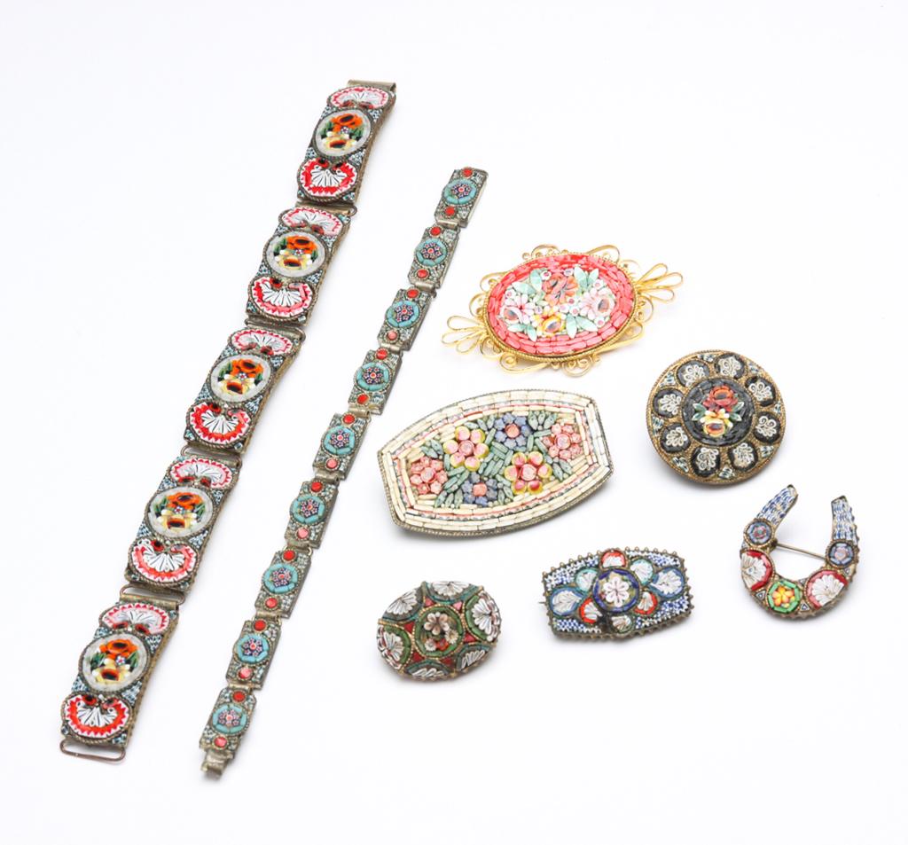 VINTAGE MICRO MOSAIC BRACELETS AND PINS. (1 of 5)