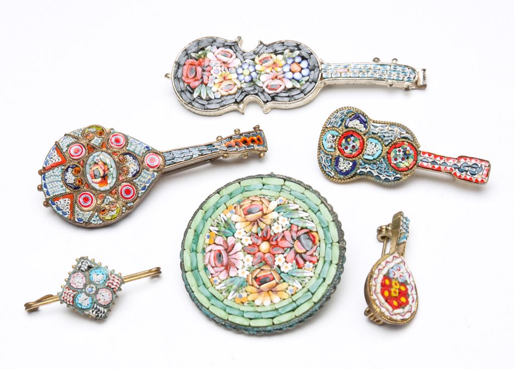 SIX VINTAGE MICRO MOSAIC PINS - FOUR INSTRUMENTS. (1 of 6)