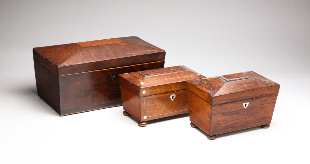 THREE ENGLISH TEA CADDIES. (1 of 10)