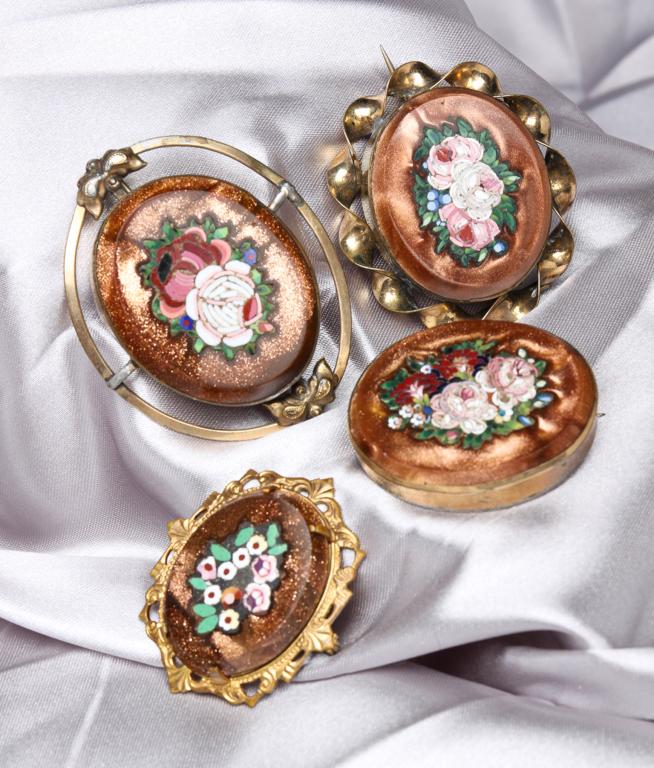 FOUR ANTIQUE MICRO MOSAIC & GOLDSTONE PINS. (1 of 4)