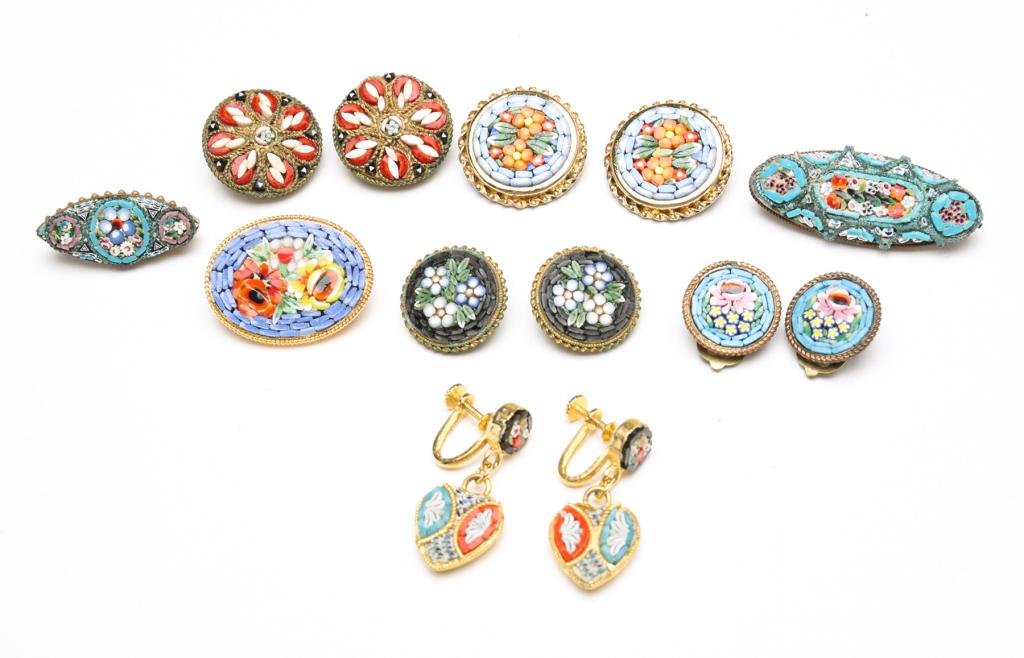 VINTAGE MICRO MOSAIC EARRINGS AND PINS. (1 of 4)