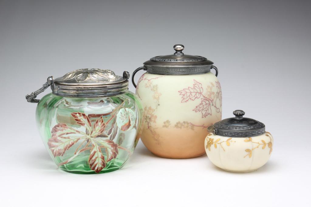 THREE LIDDED GLASS JARS. (1 of 8)