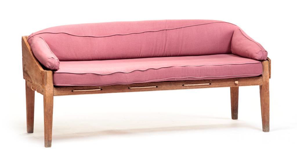 AMERICAN COUNTRY SOFA.: Mid 19th century, poplar. Tapered legs, rope rails and mortised, curved back. Contemporary cushions. Insect loss and tack holes. 33"h. 73"w. 24"d.