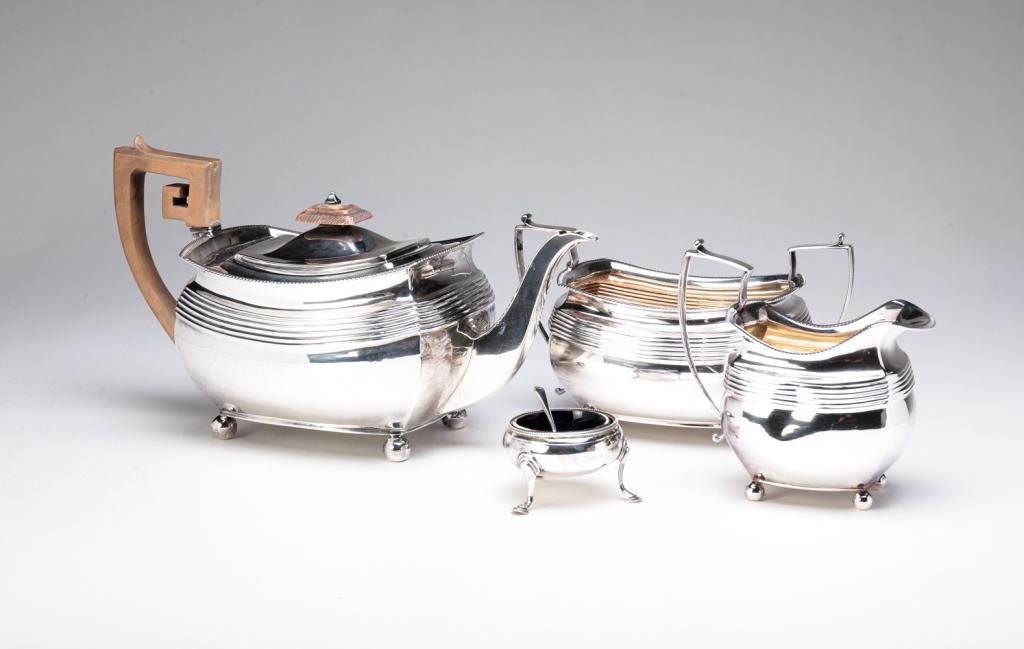 ENGLISH SILVER TEA SET AND SALT. (1 of 7)