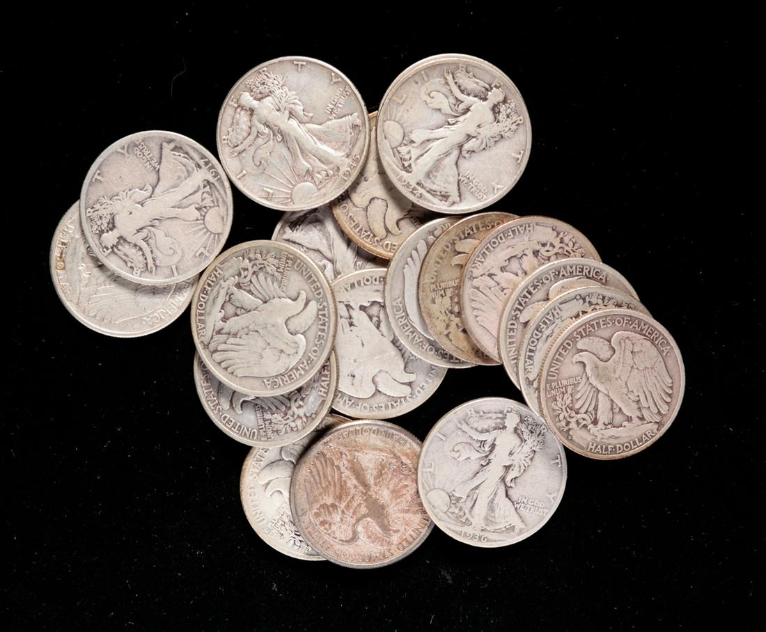 TWENTY SILVER WALKING LIBERTY HALF DOLLARS. (1 of 2)
