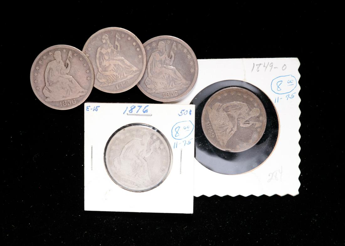 FIVE SEATED LIBERTY SIVER HALF DOLLARS. (1 of 3)