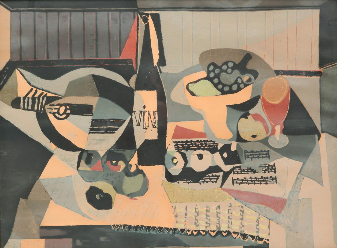 BOTTLE OF WINE COLOR PRINT AFTER PICASSO.: Mid 20th century, color lithograph on paper, unsigned. Still life with fruit, wine bottle and musical sheets. Original frame has label "929 Rudolph Lesch Fine Arts Inc., Still life 1926 by Picasso, Po