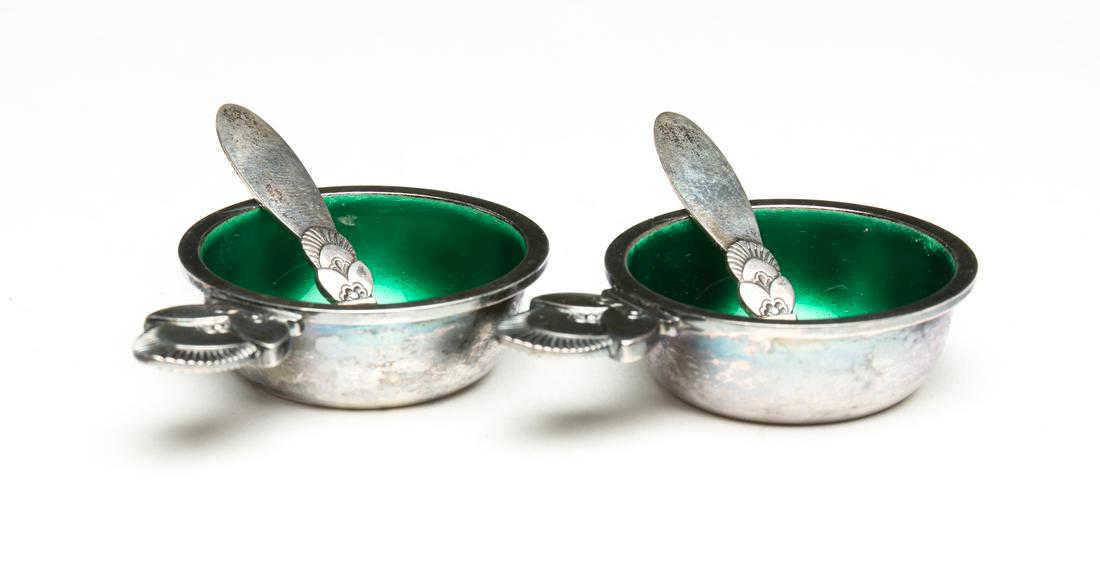 PAIR OF GEORG JENSEN STERLING SALTS AND SPOONS. (1 of 5)