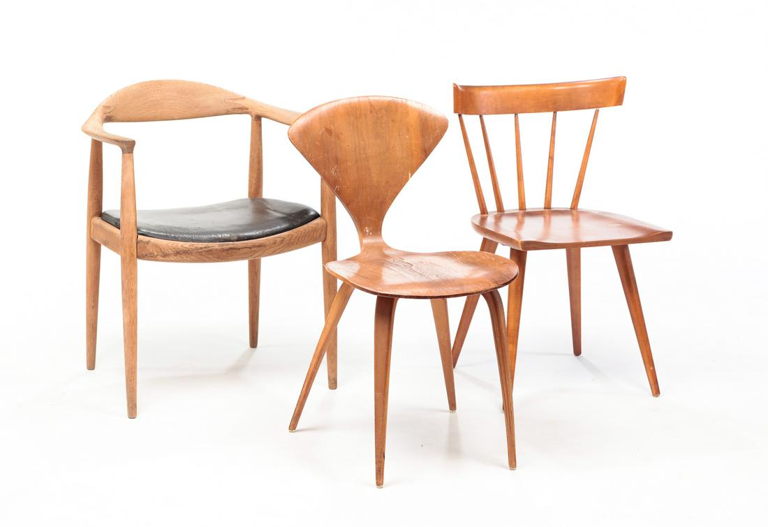 THREE MID CENTURY CHAIRS INCLUDING HANSEN.: Second half 20th century. Two are labeled. "Plycraft" laminate whale tail designed by Norman Chair Co. Loss. 31.5"h. and "The Chair" armchair "Made for Knoll International by Johannes Hansen, Denmark,