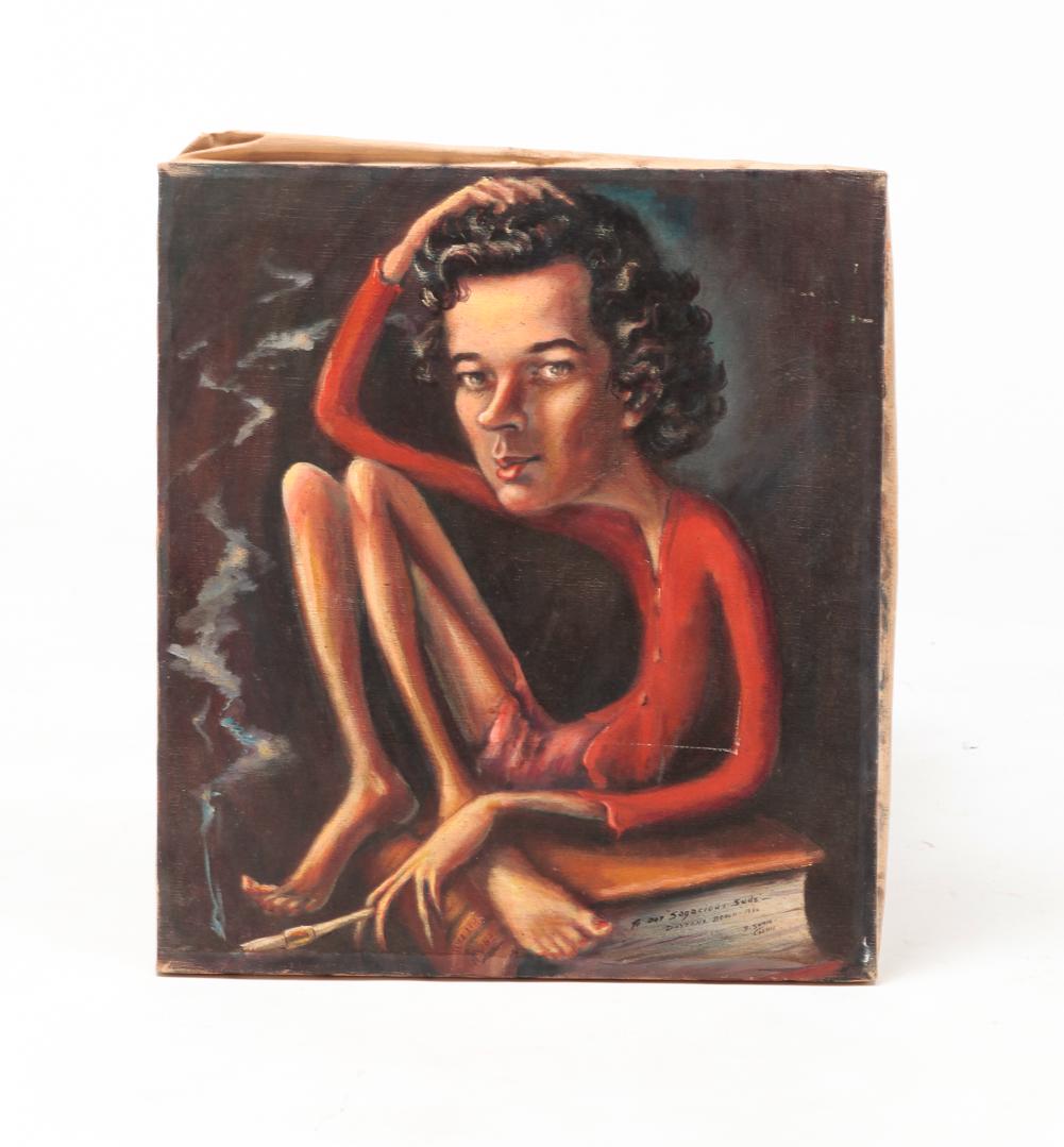 PORTRAIT OF A WOMAN BY DOROTHY SWAIN LEWIS.: American, 1915-2013. Oil on canvas, signed lower right. Portrait of fellow WASP (Women Airforce Service Pilots) Caryl "Suds" Stortz seated on a book "To our Sagacious Suds, Daytona Beach 1950". Lewis,