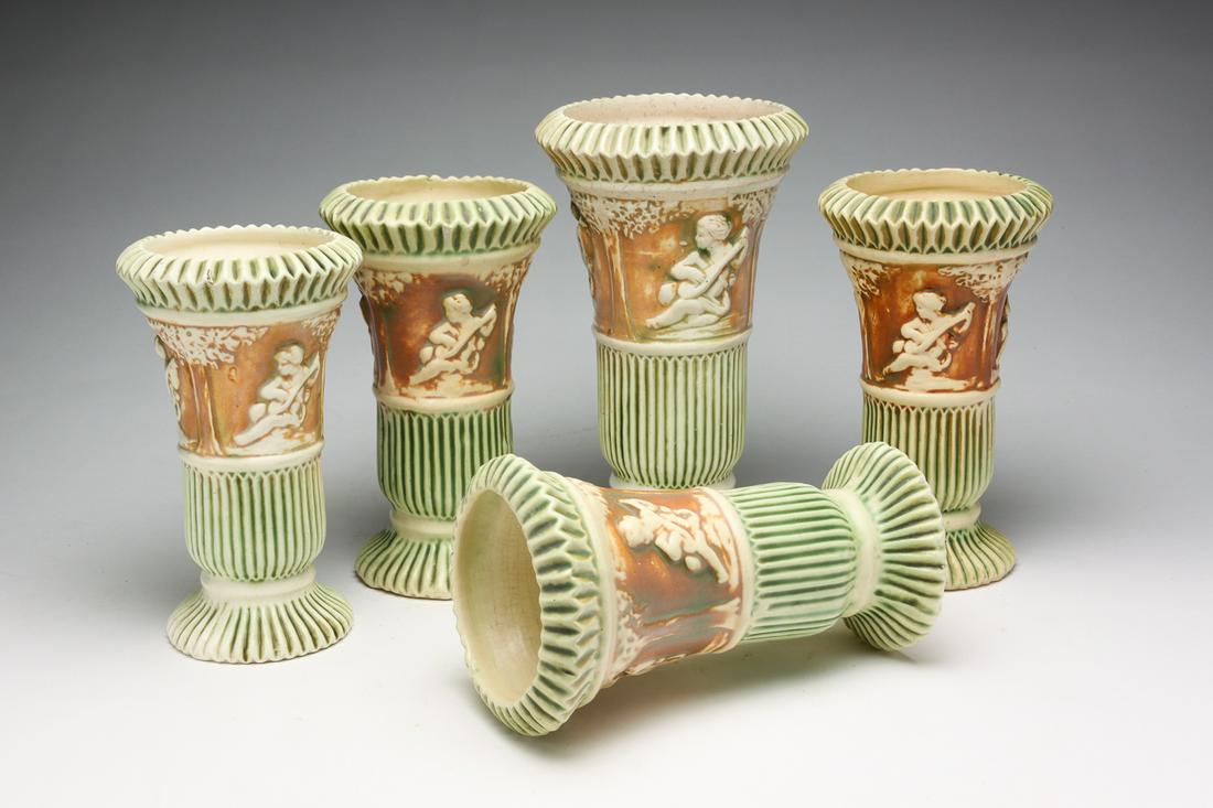 FIVE ROSEVILLE "DONATELLO" PATTERN VASES. (1 of 6)