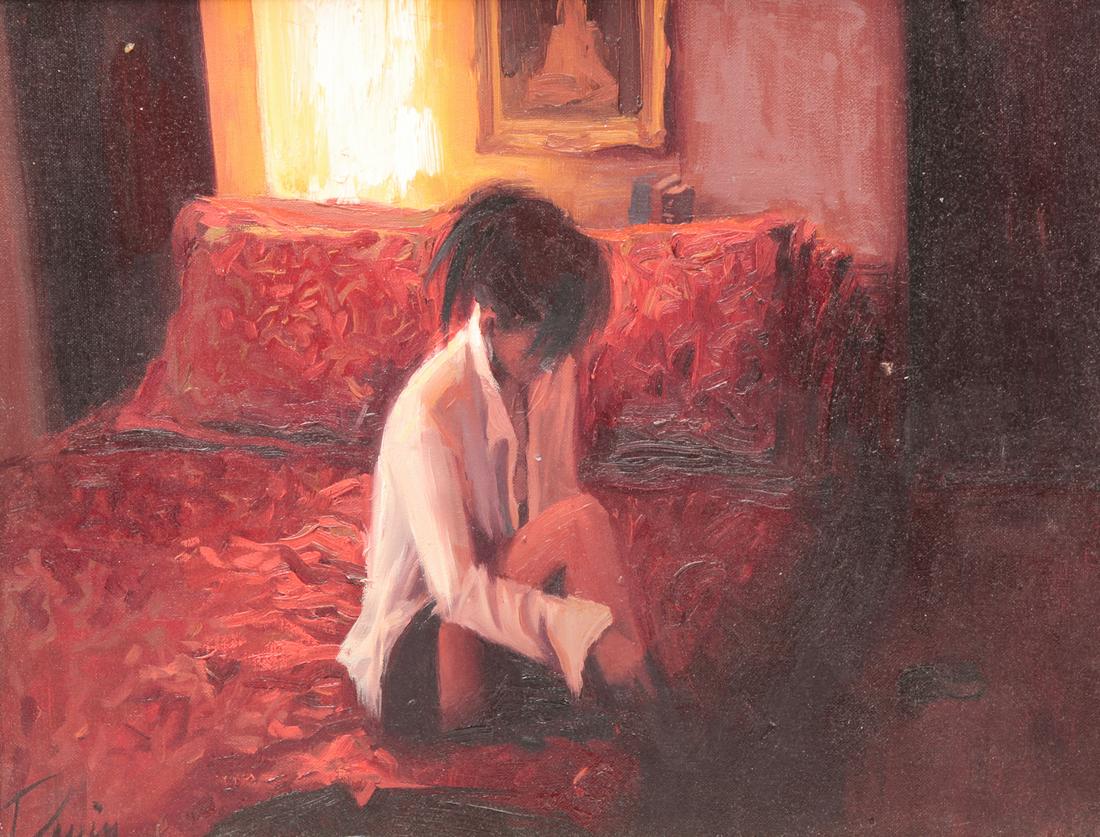 PAINTING OF WOMAN DRESSING SIGNED "DAVIN". (1 of 4)