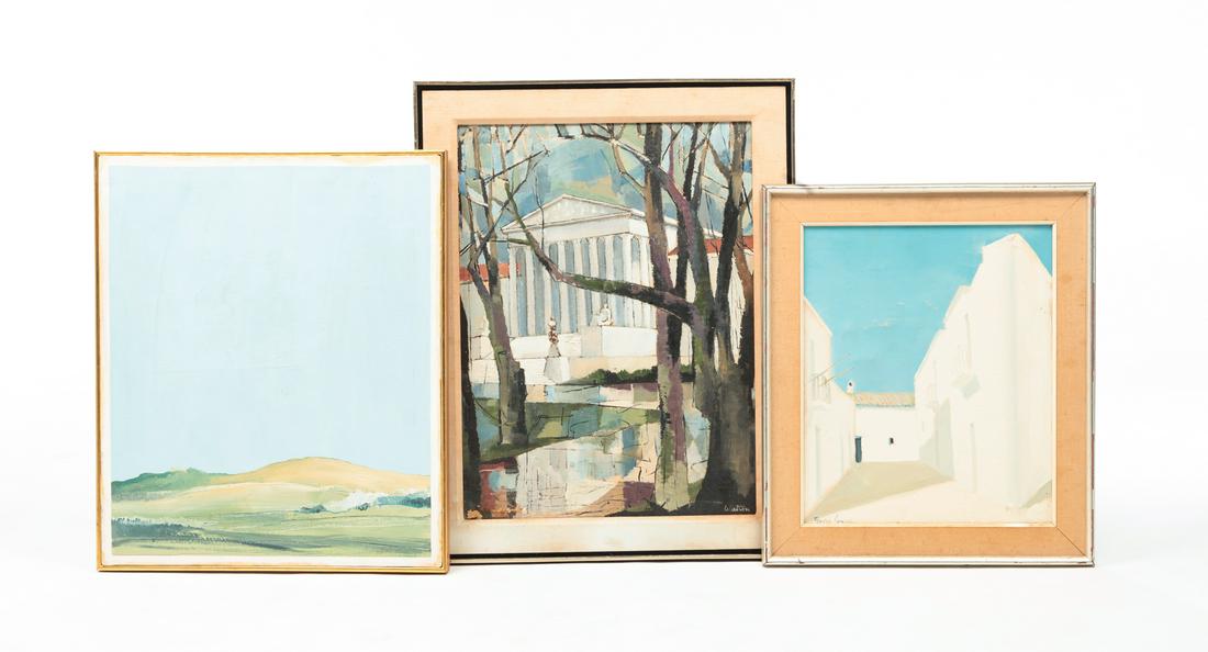 THREE PAINTINGS.: American and European, mid 20th century. Oil on canvas, signed. Mediterranean stucco buildings "Ferrer Gua__" with Barcelona preparer's label. 22.5"h. 19.5"w. and government building signed "Walton". 