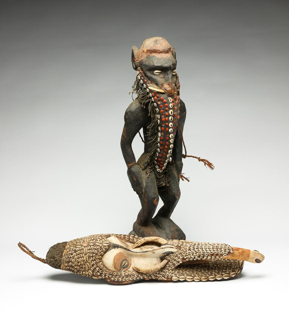 AFRICAN WOOD AND SHELL PLAQUE AND FIGURE. (1 of 5)