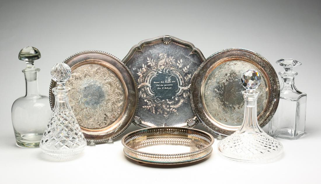 FOUR SILVERPLATE TRAYS WITH GLASS DECANTERS. (1 of 10)