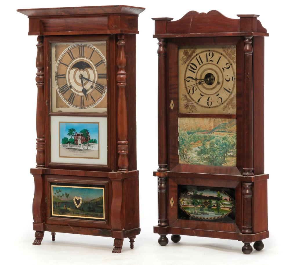 TWO AMERICAN TRIPLE DECKER MANTEL CLOCKS. (1 of 4)