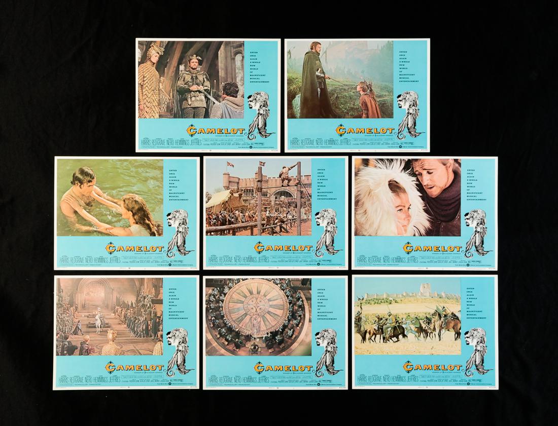 SET OF EIGHT CAMELOT LOBBY CARDS.: Warner Brothers, re-released 1973. Overall good condition. 11"h. 14"w.