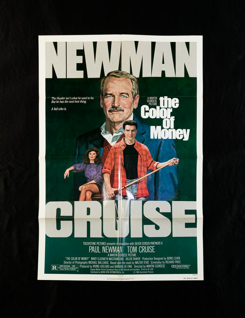 THE COLOR OF MONEY (TOUCHSTONE, 1986).: Original One Sheet (27" x 41") movie poster, folded. Paul Newman and Tom Cruise head the cast. Wear to fold lines and fading.